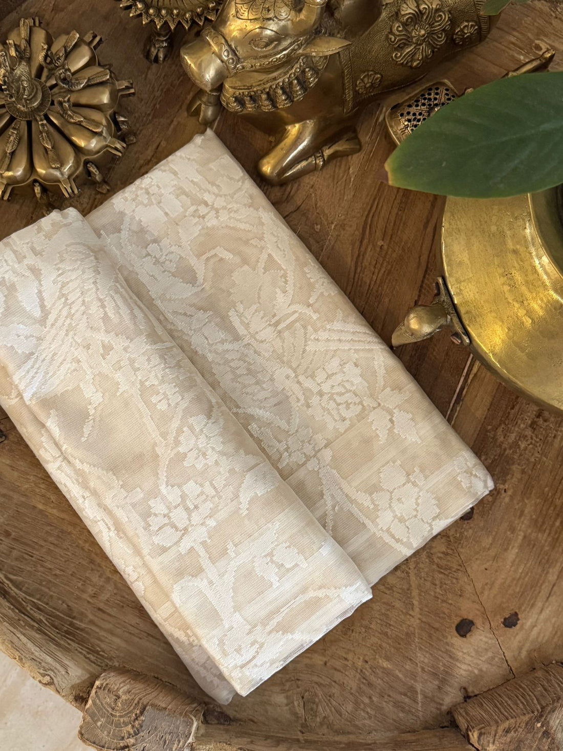 Pure Kora Net Banarasi Saree with White Resham Jaal & Bird Motifs
