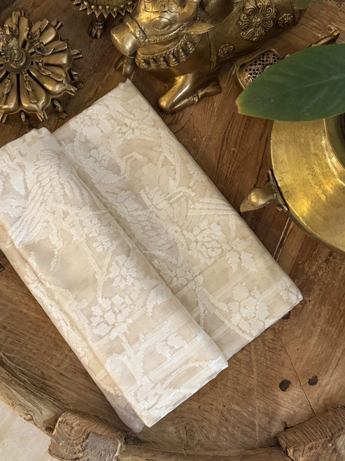 Pure Kora Net Banarasi Saree with White Resham Jaal & Bird Motifs