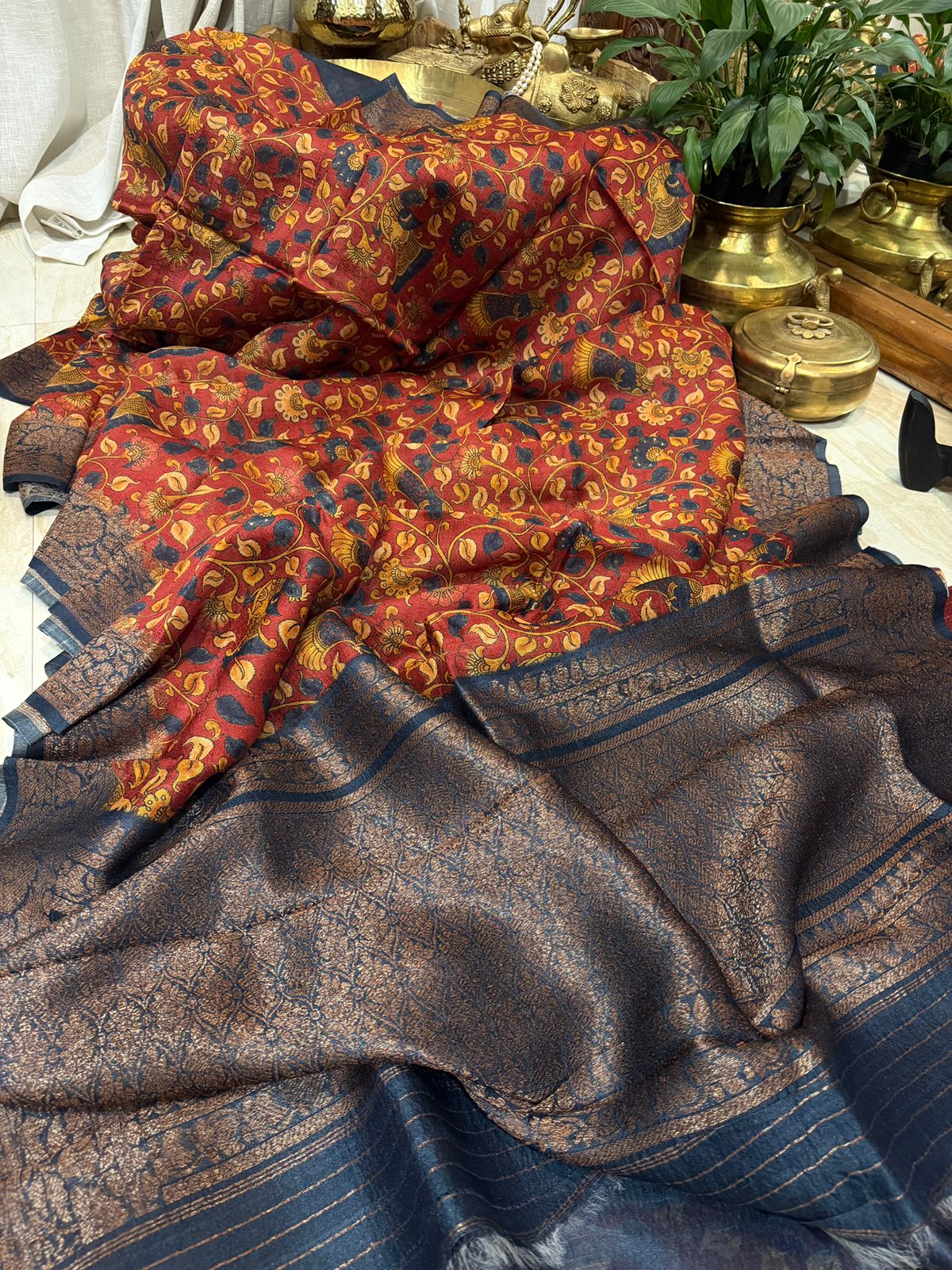 Banarasi Tussar Silk Saree | Kalamkari Print with Hand Brush Dye