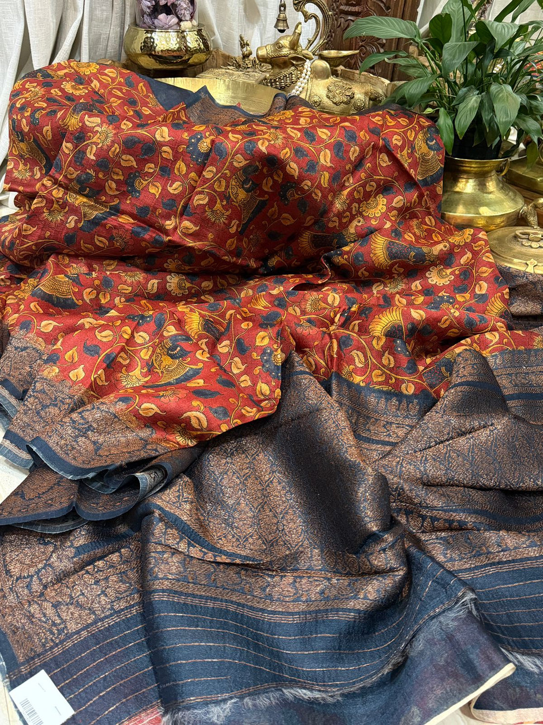 Banarasi Tussar Silk Saree | Kalamkari Print with Hand Brush Dye