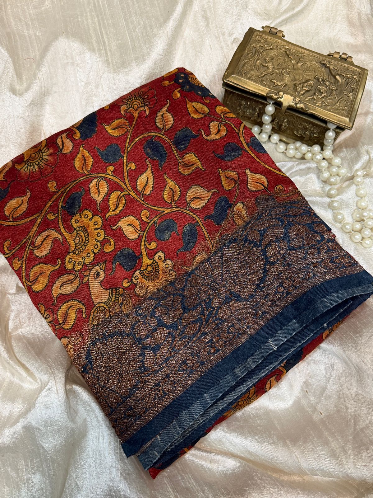 Banarasi Tussar Silk Saree | Kalamkari Print with Hand Brush Dye