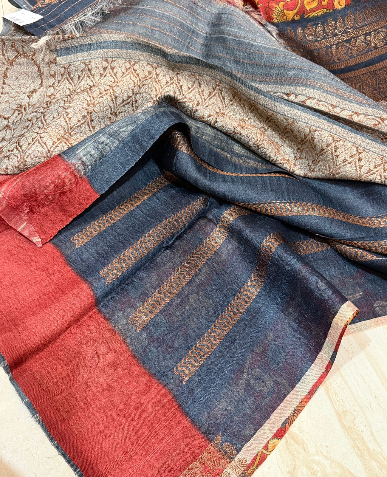 Banarasi Tussar Silk Saree | Kalamkari Print with Hand Brush Dye
