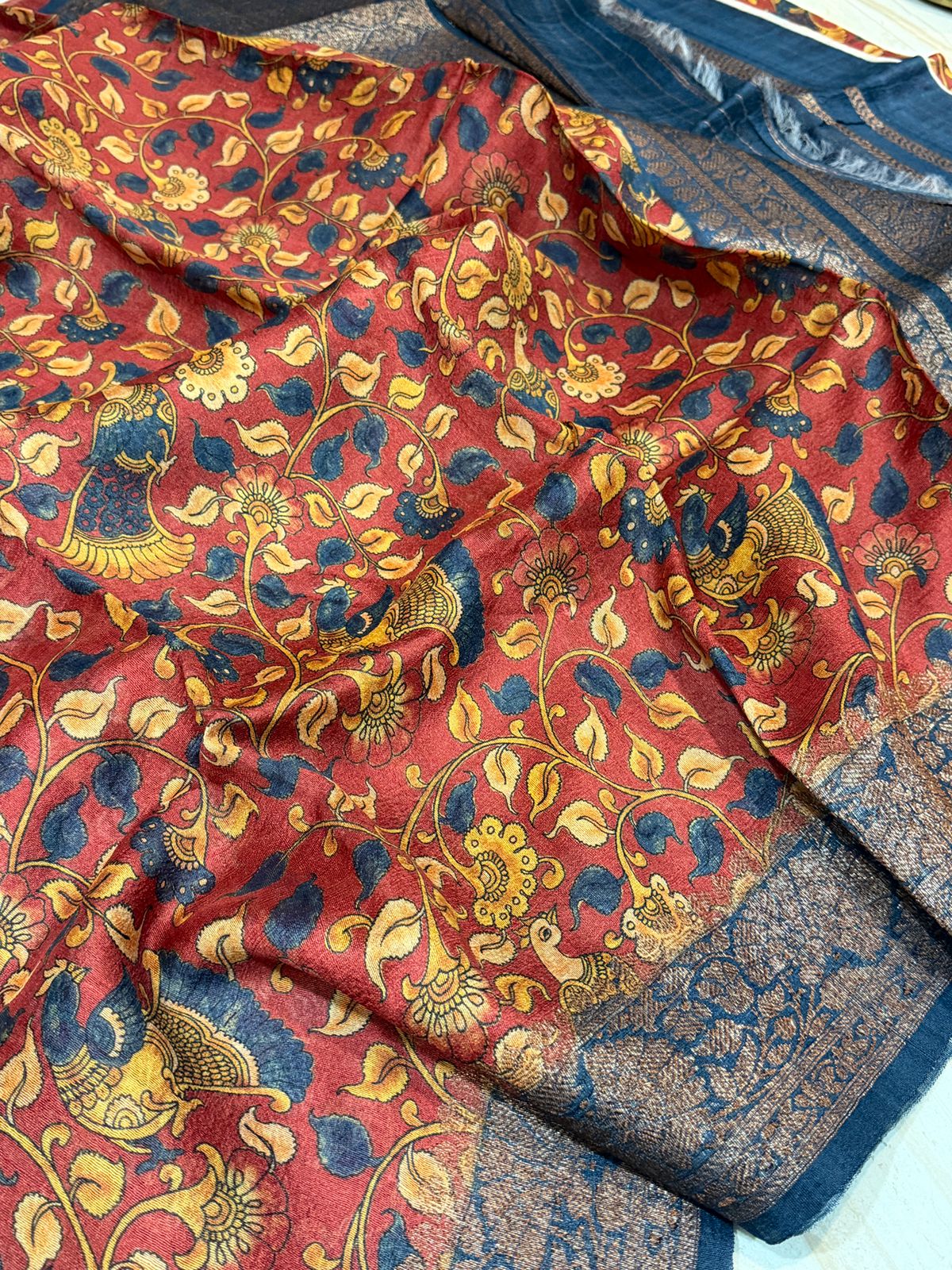 Banarasi Tussar Silk Saree | Kalamkari Print with Hand Brush Dye
