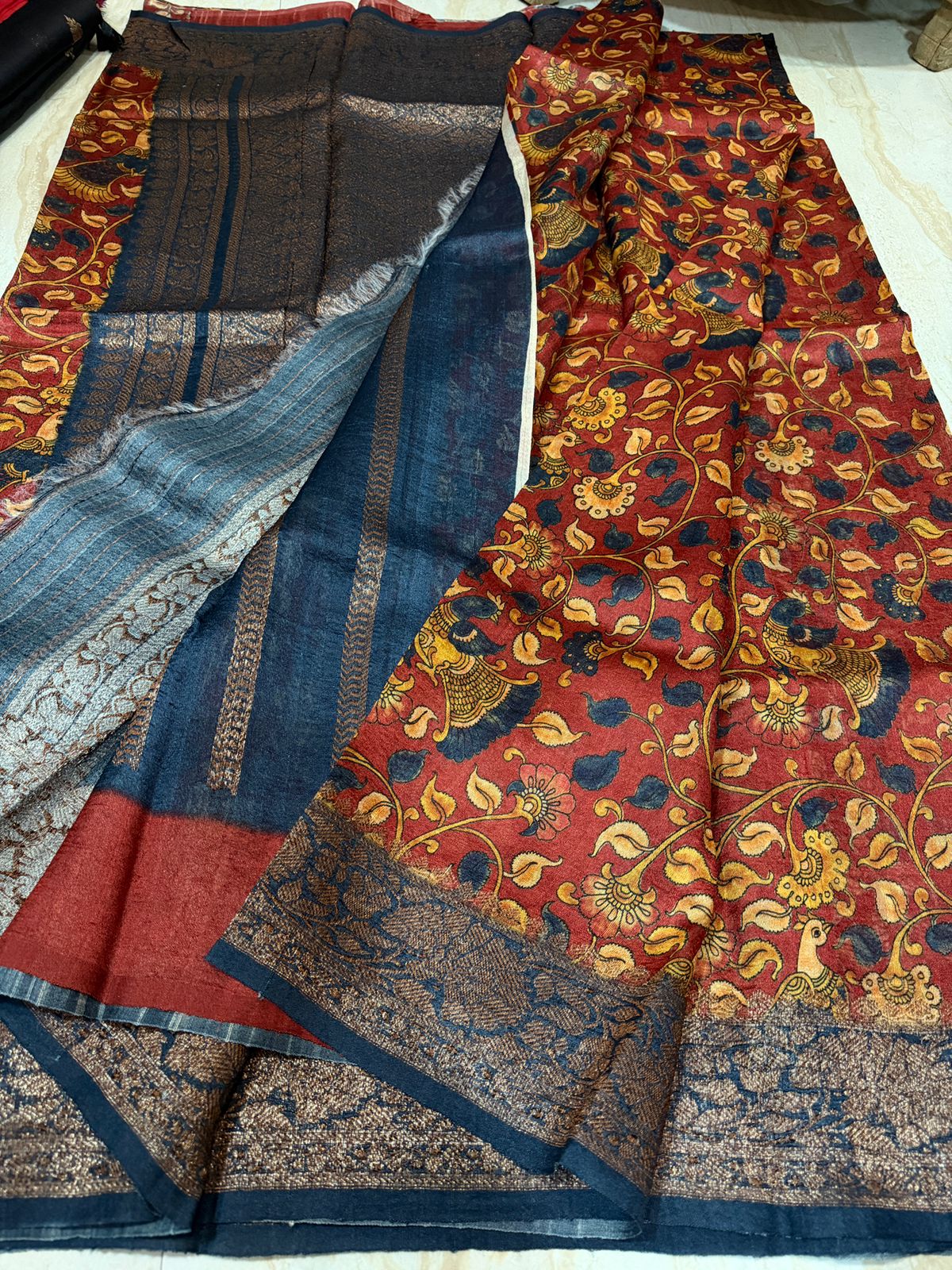 Banarasi Tussar Silk Saree | Kalamkari Print with Hand Brush Dye