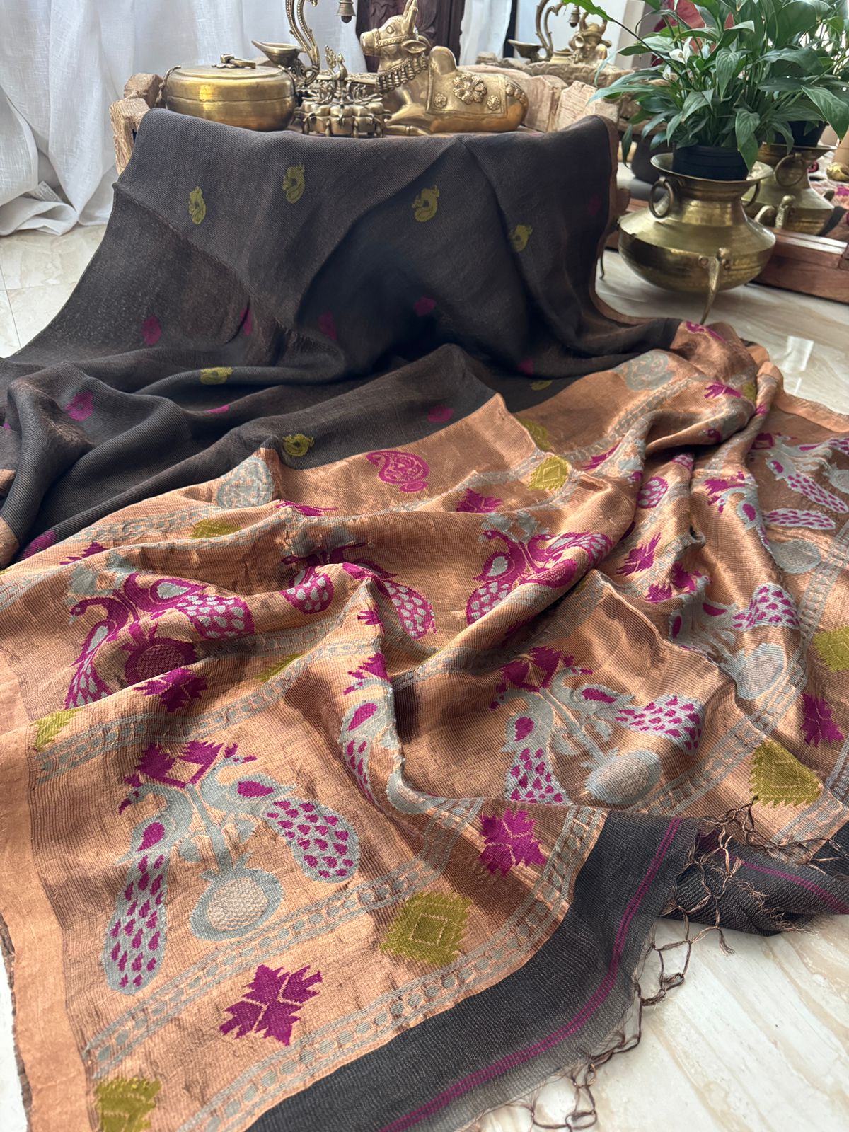 Pure Handloom Linen Tissue Silk Saree With Pathani Zari Weave Pallu