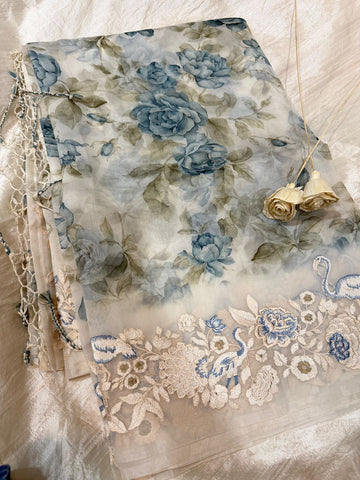 Pure Organza Silk Digital Print Saree With Embroidery Border and Pallu