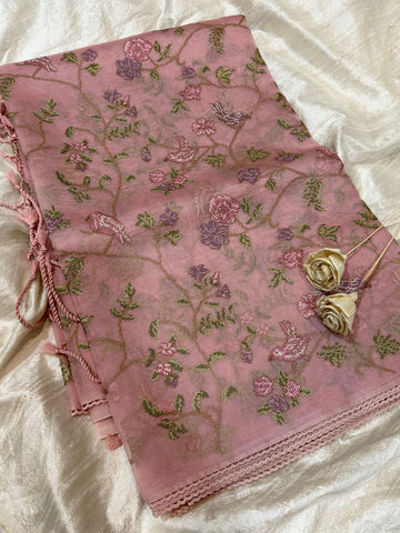 Organza Silk Saree with All-Over Cross Stitch Embroidery