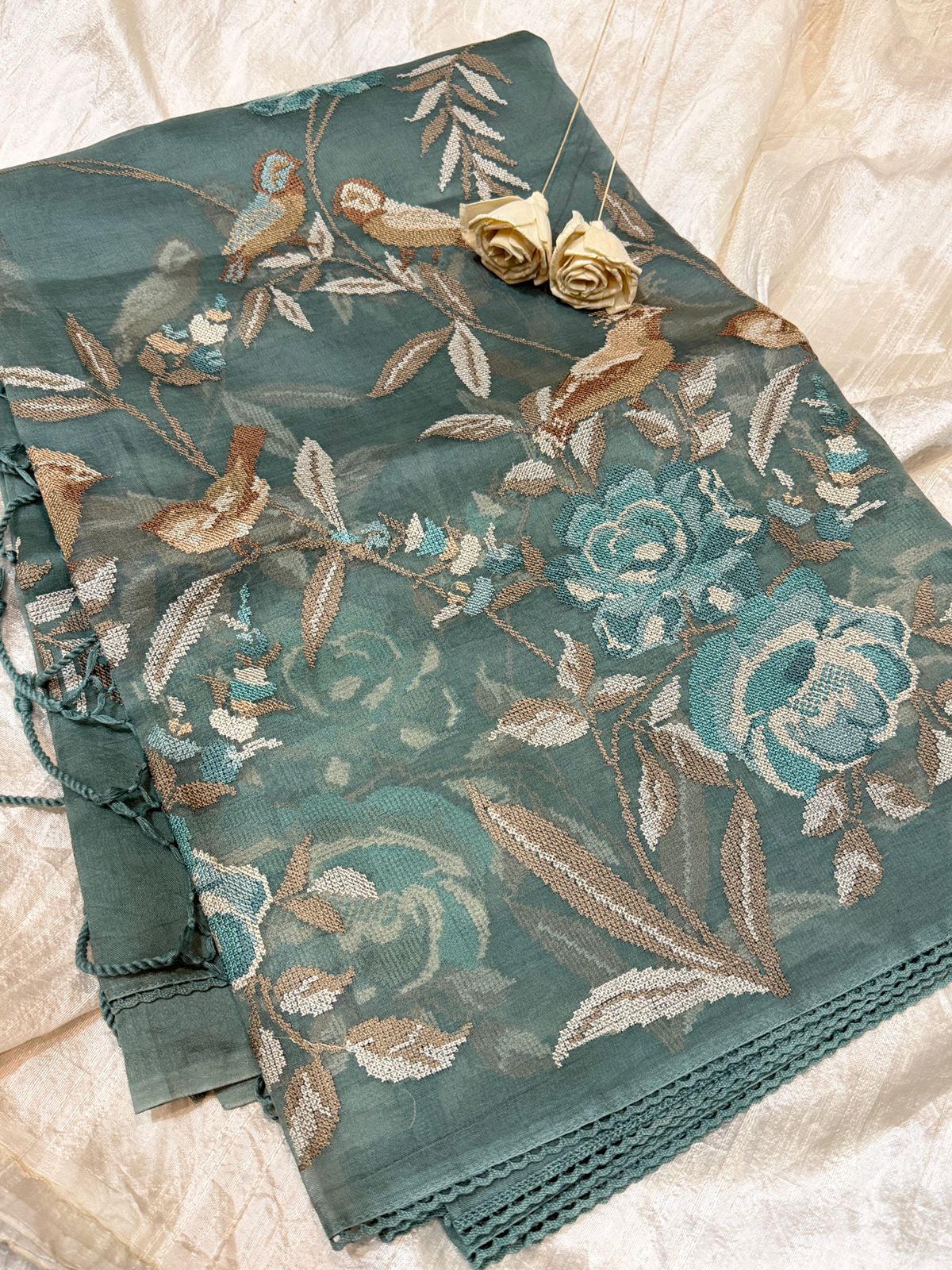 Pure Organza Saree With Cross Stitch Embroidery