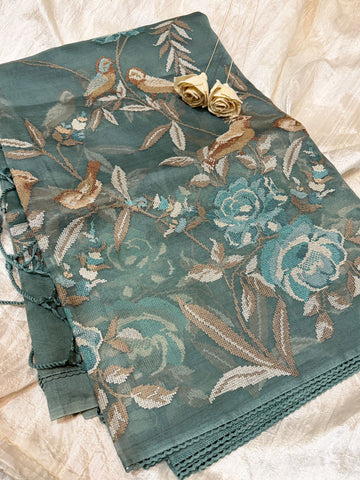 Pure Organza Saree With Cross Stitch Embroidery