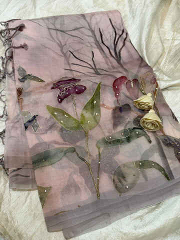 Pure Organza Digital Print Saree With Zardozi Work