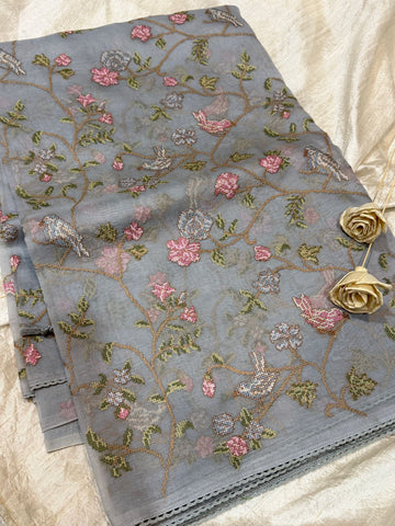 Organza Silk Saree with All-Over Cross Stitch Embroidery