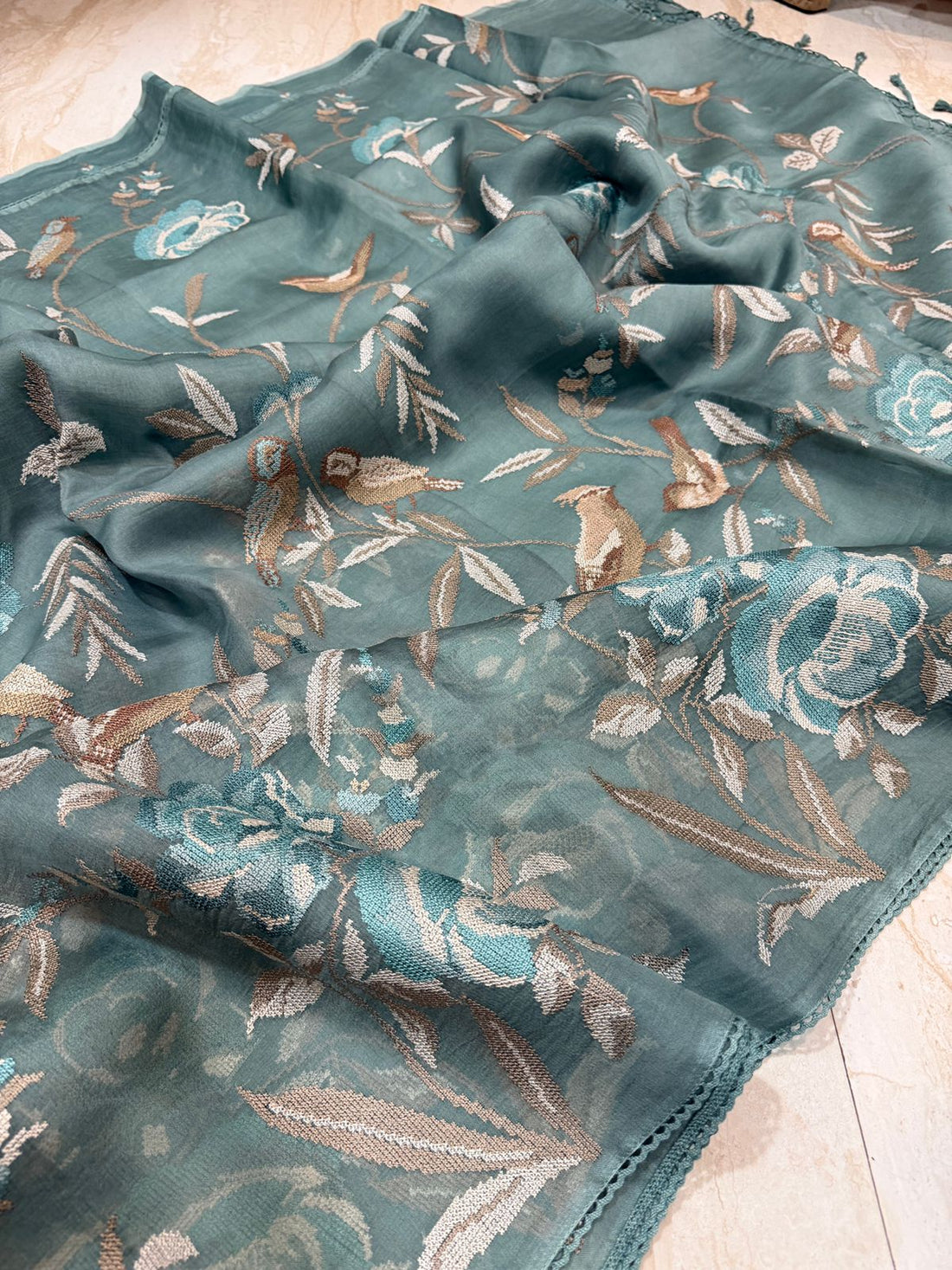 Pure Organza Saree With Cross Stitch Embroidery