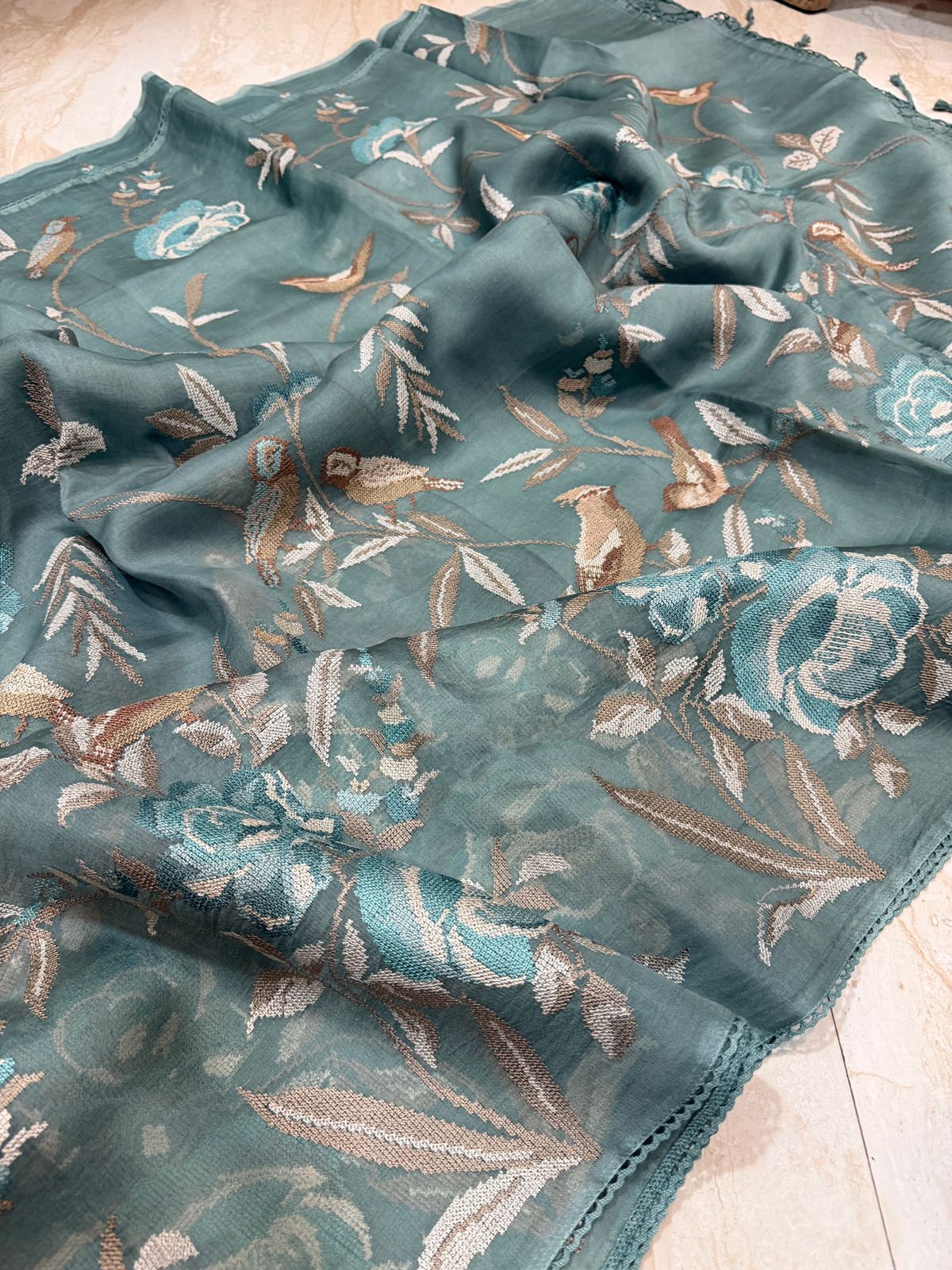 Pure Organza Saree With Cross Stitch Embroidery