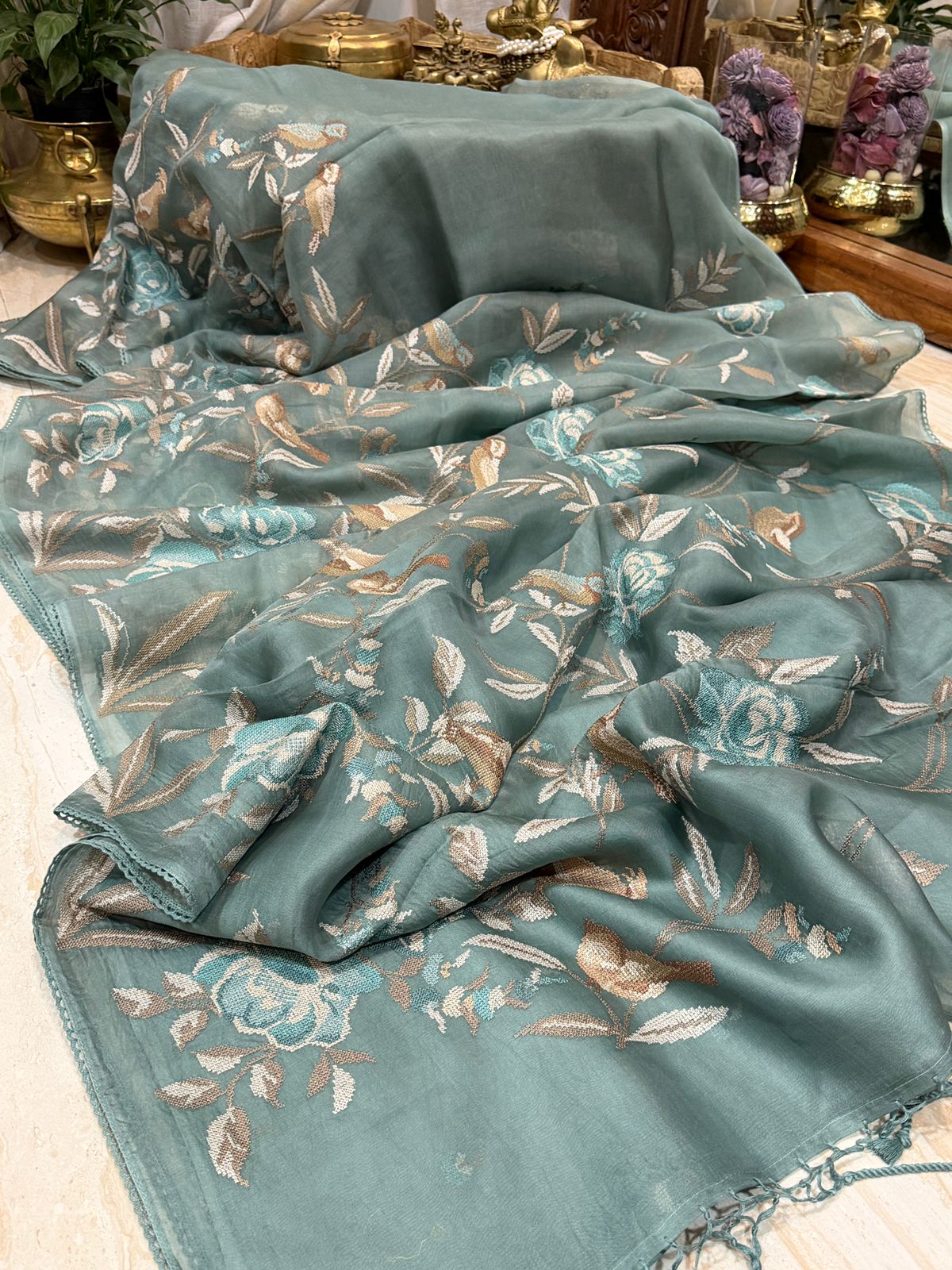 Pure Organza Saree With Cross Stitch Embroidery
