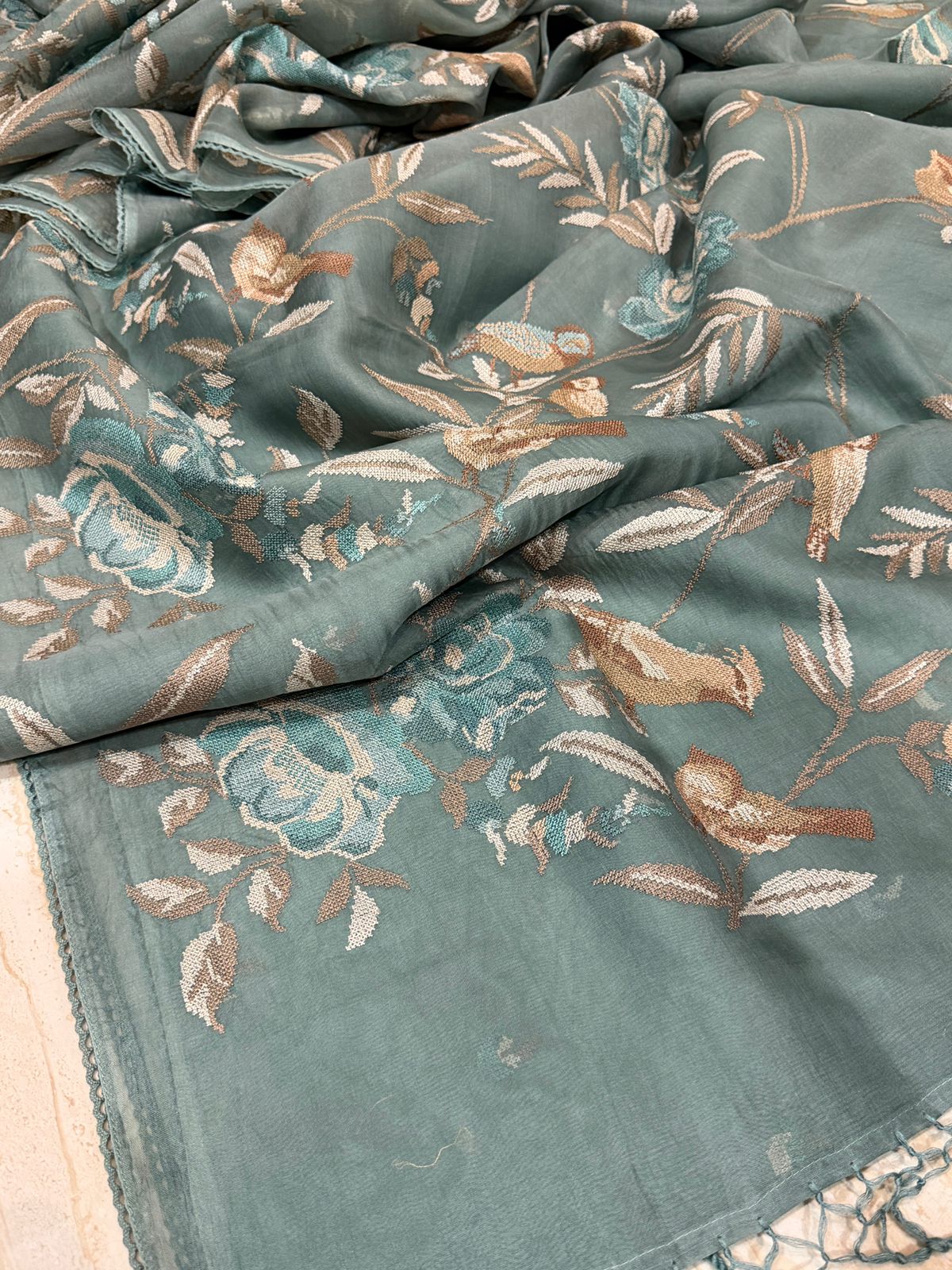 Pure Organza Saree With Cross Stitch Embroidery