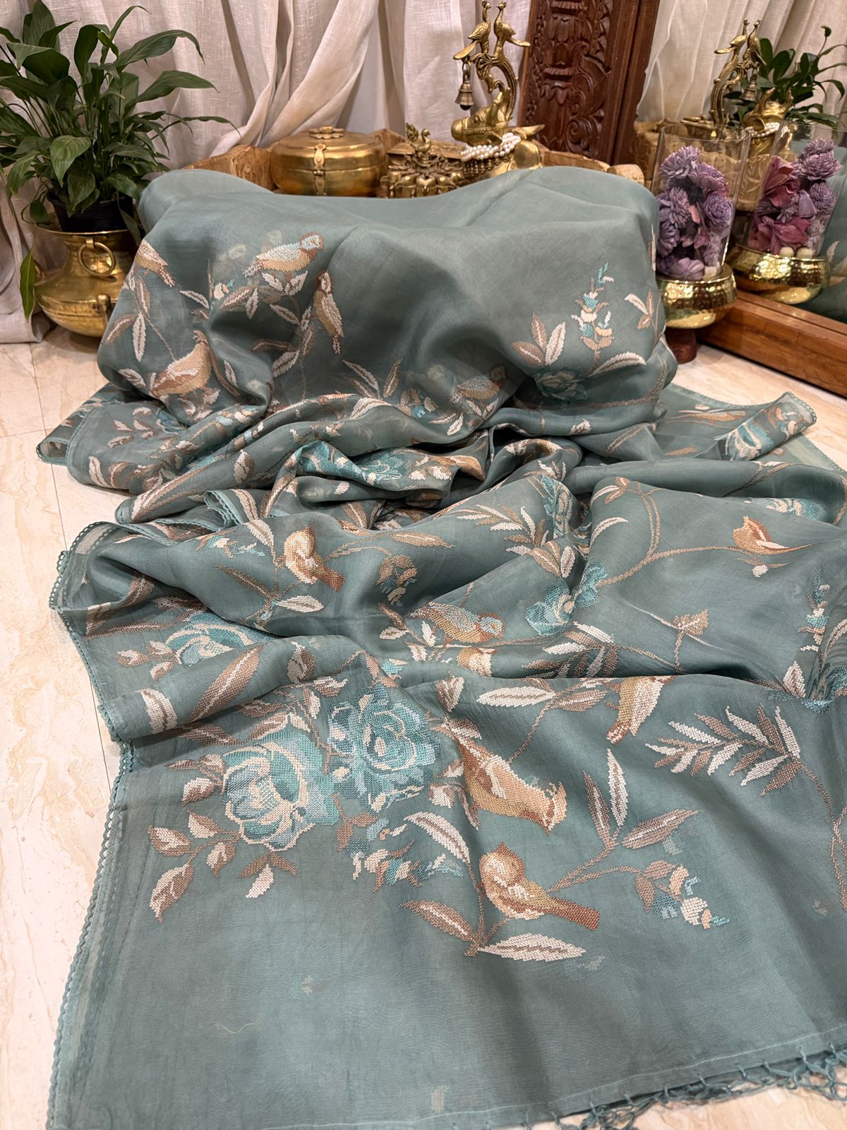 Pure Organza Saree With Cross Stitch Embroidery