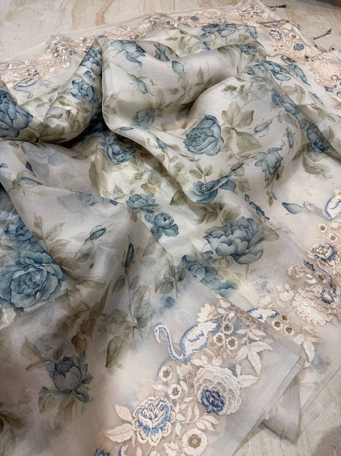 Pure Organza Silk Digital Print Saree With Embroidery Border and Pallu
