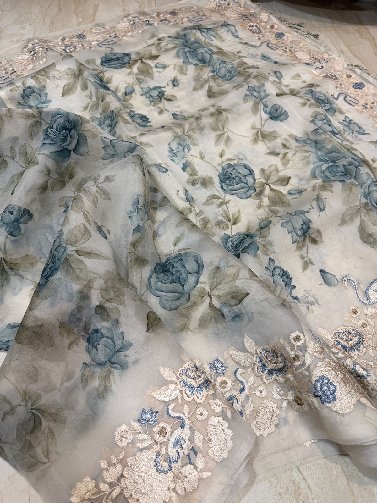 Pure Organza Silk Digital Print Saree With Embroidery Border and Pallu