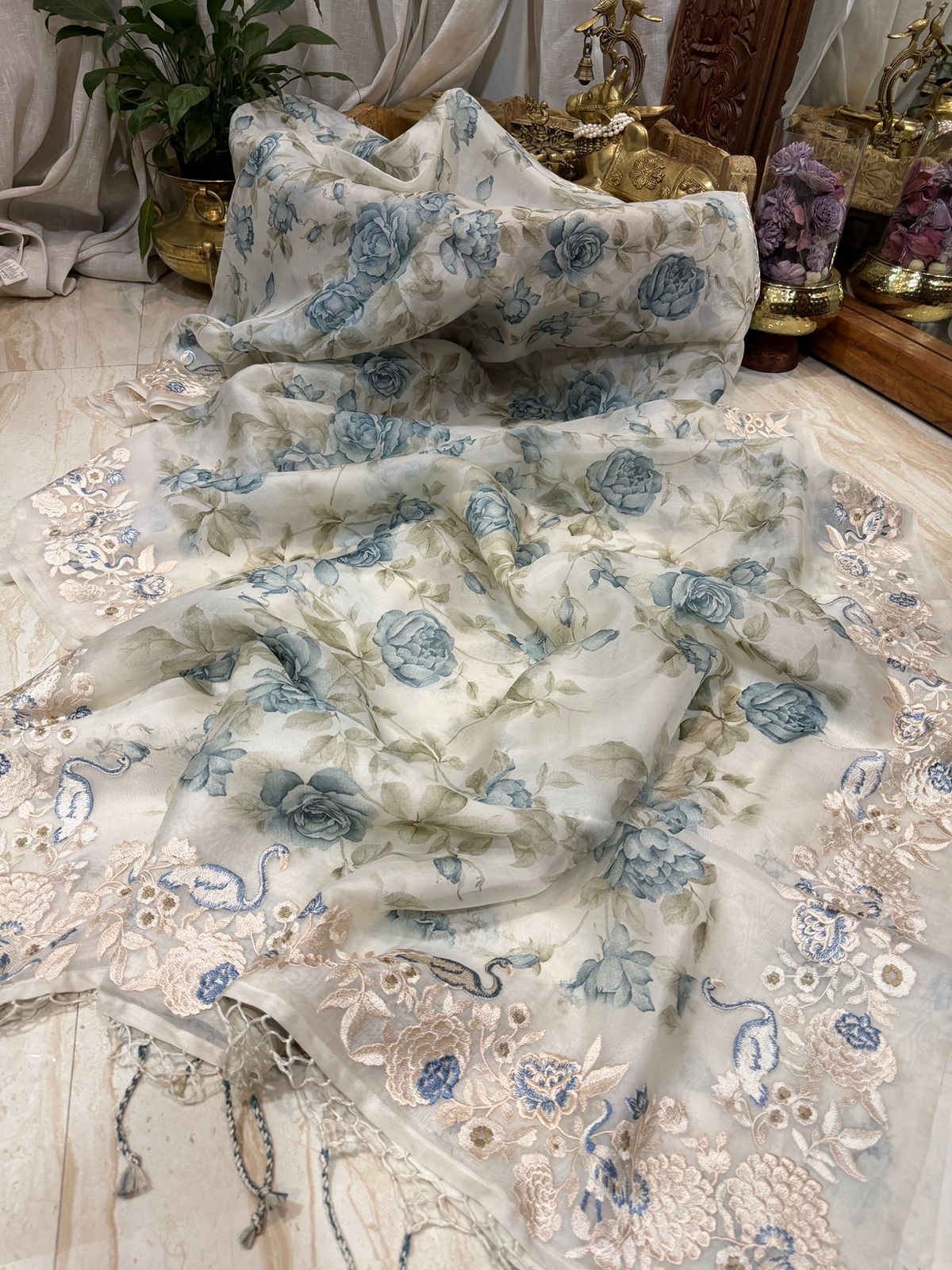 Pure Organza Silk Digital Print Saree With Embroidery Border and Pallu
