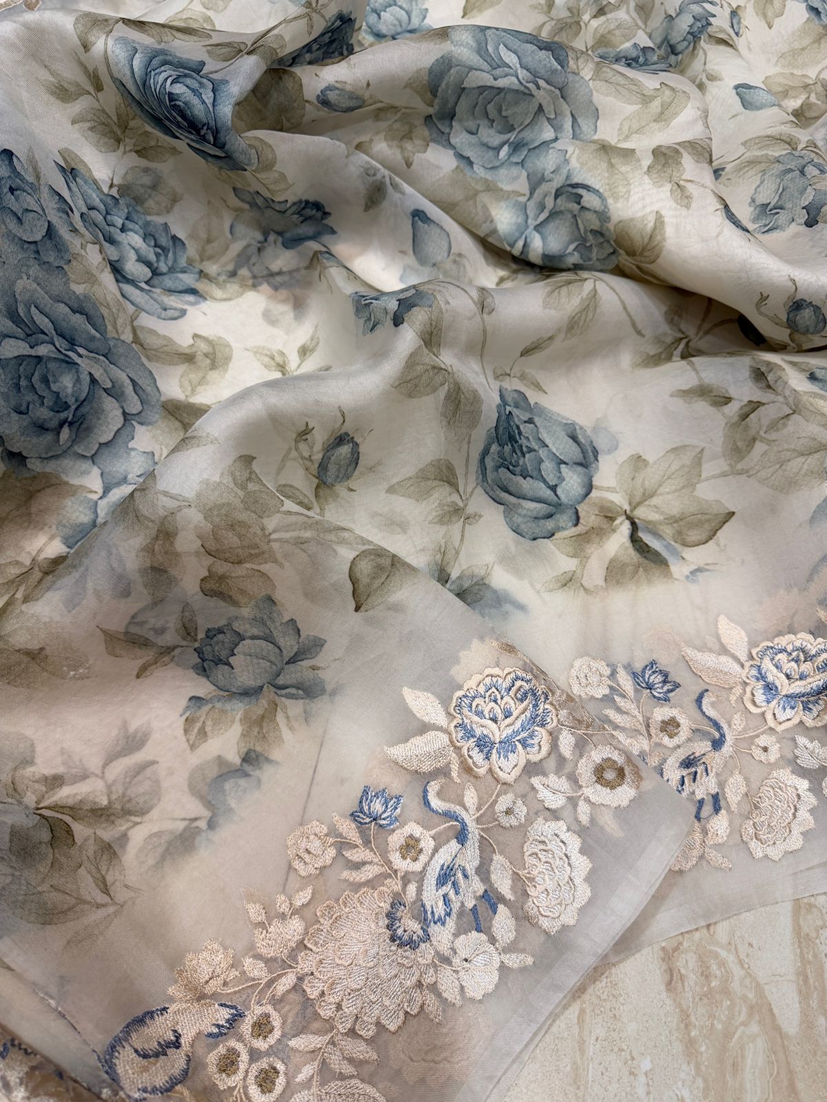 Pure Organza Silk Digital Print Saree With Embroidery Border and Pallu