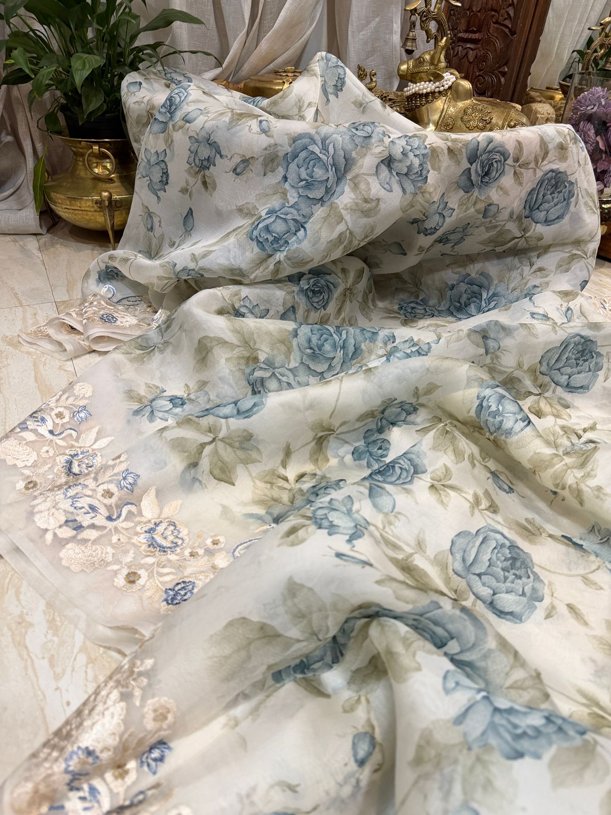 Pure Organza Silk Digital Print Saree With Embroidery Border and Pallu