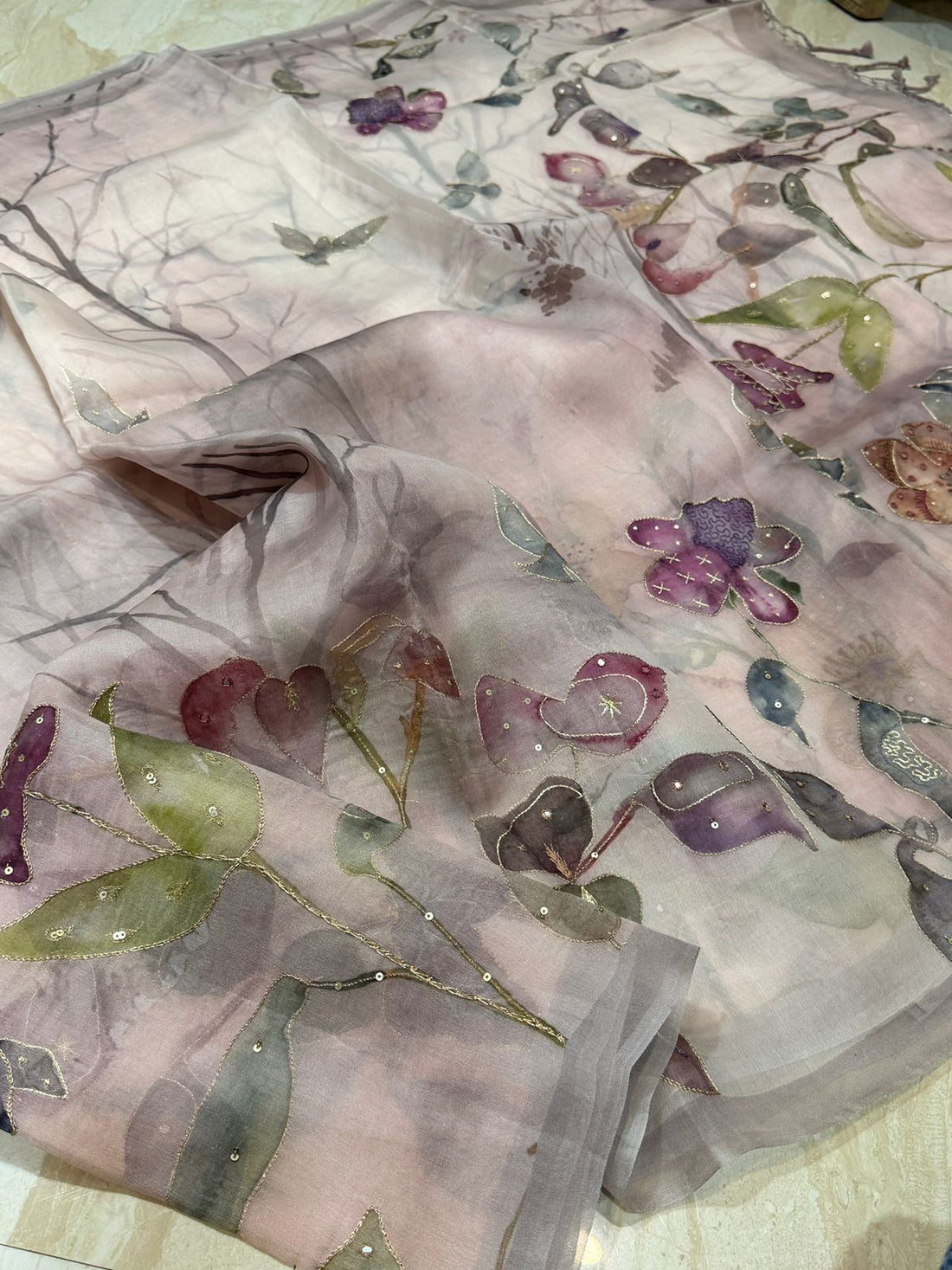 Pure Organza Digital Print Saree With Zardozi Work