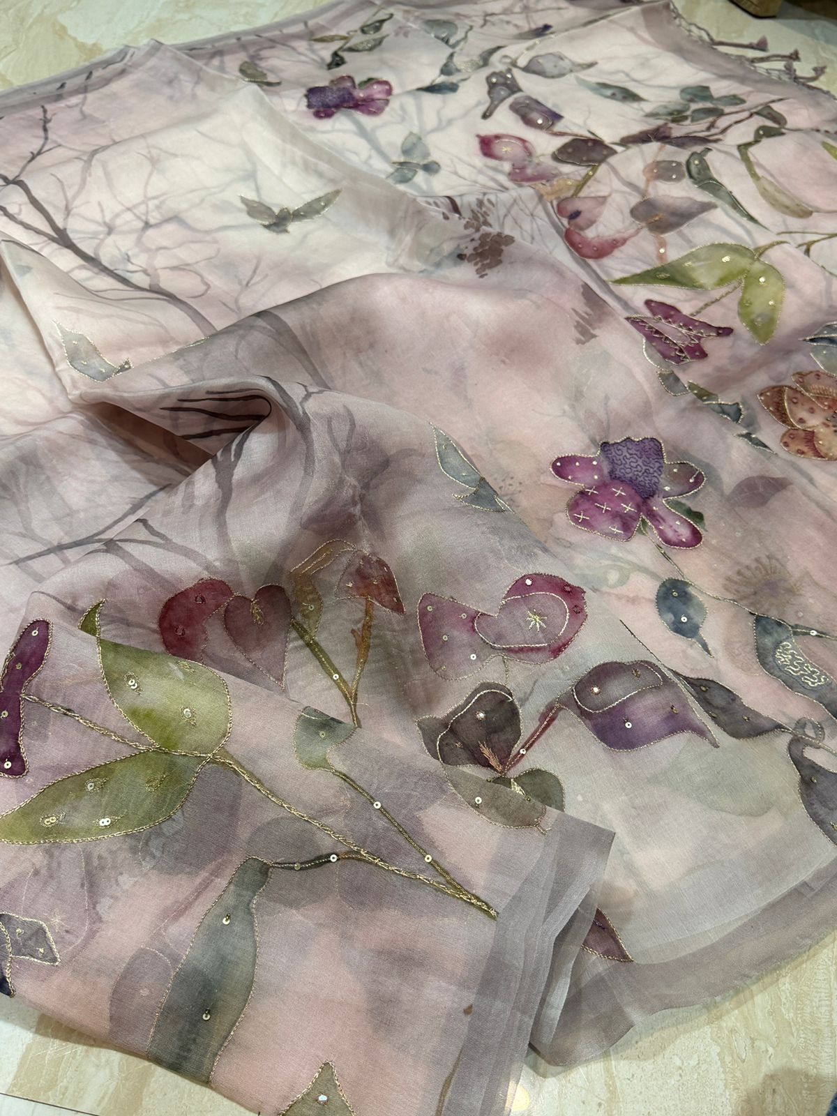 Pure Organza Digital Print Saree With Zardozi Work