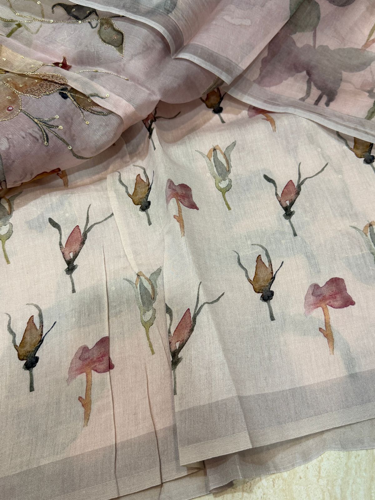 Pure Organza Digital Print Saree With Zardozi Work