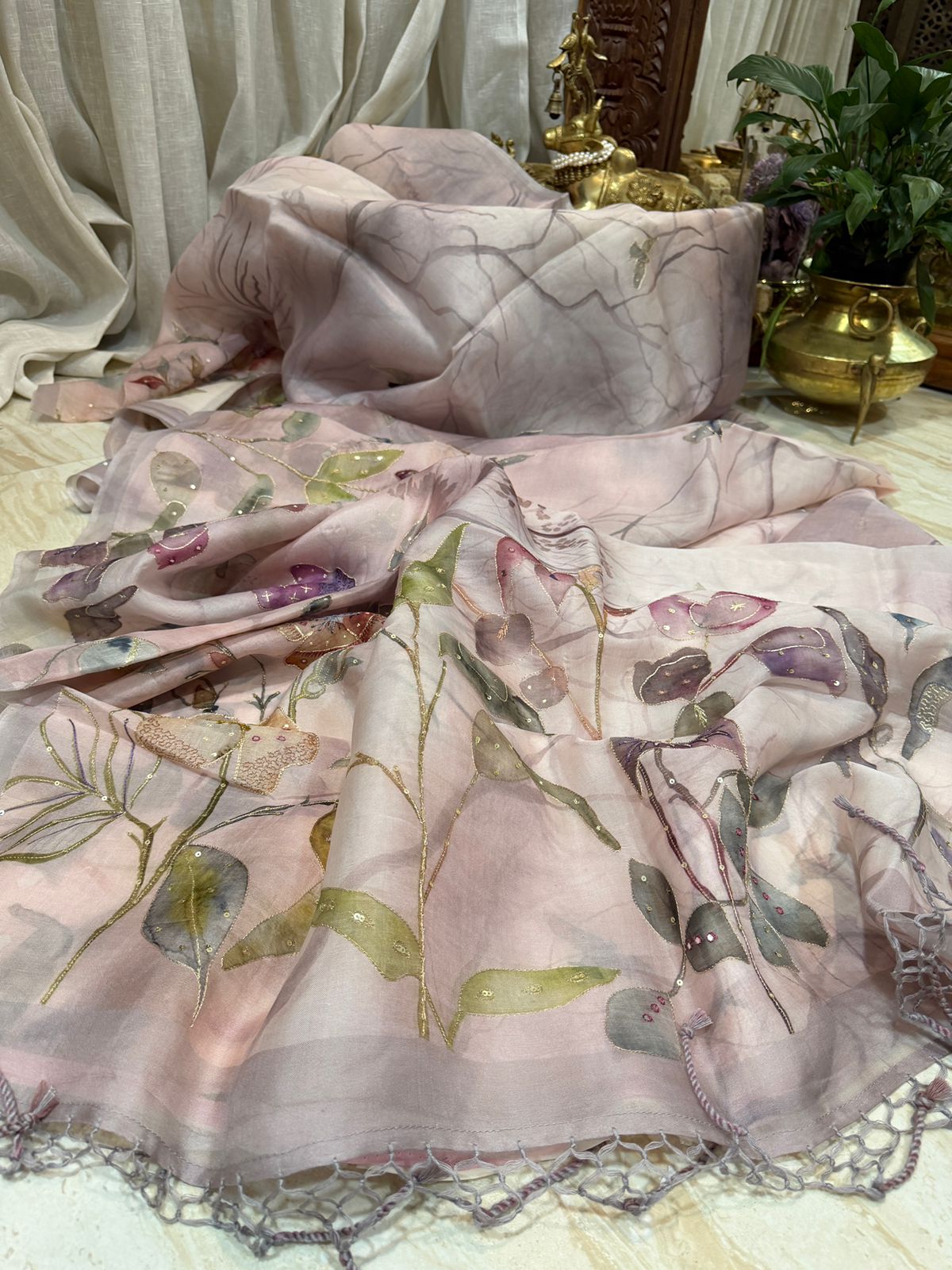 Pure Organza Digital Print Saree With Zardozi Work