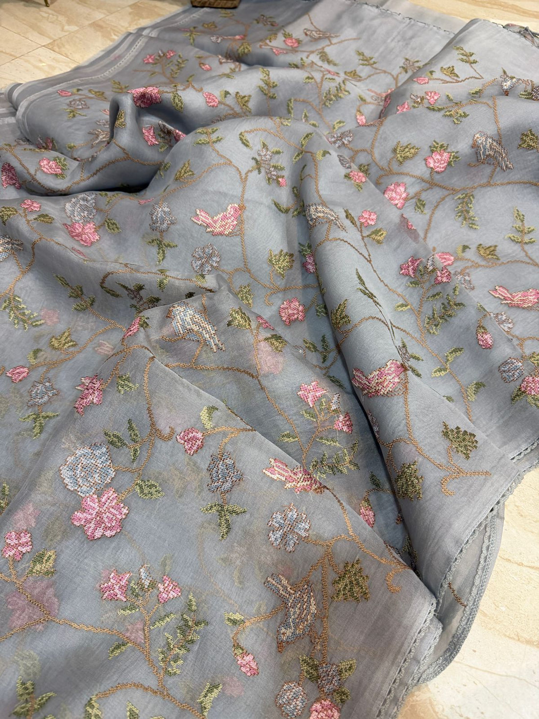 Organza Silk Saree with All-Over Cross Stitch Embroidery