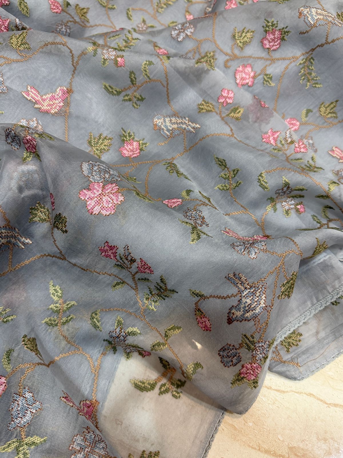 Organza Silk Saree with All-Over Cross Stitch Embroidery