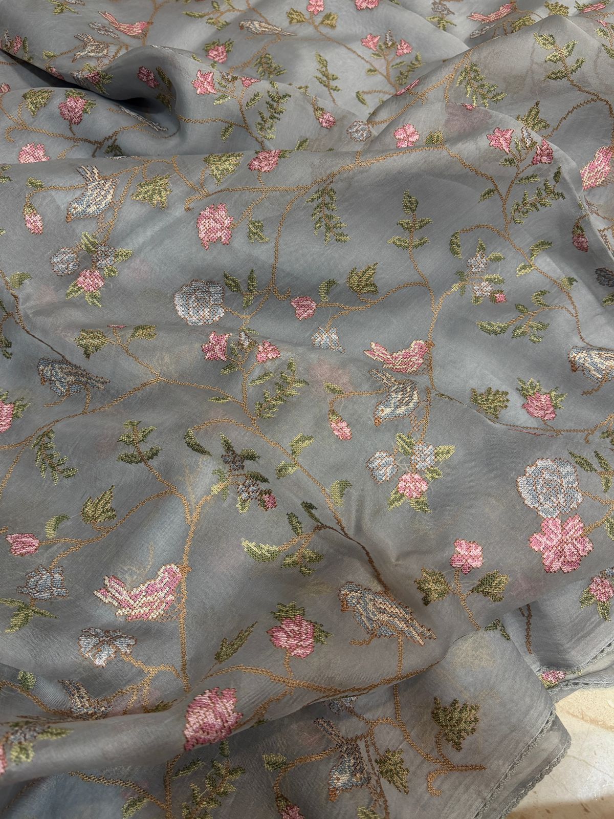Organza Silk Saree with All-Over Cross Stitch Embroidery