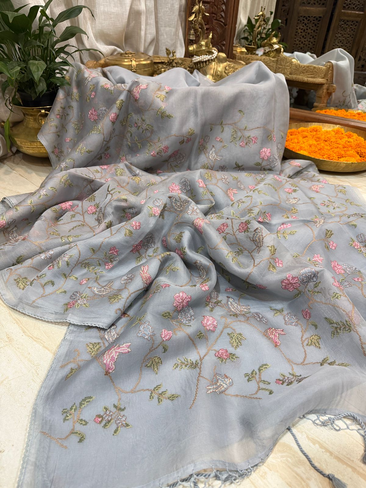 Organza Silk Saree with All-Over Cross Stitch Embroidery