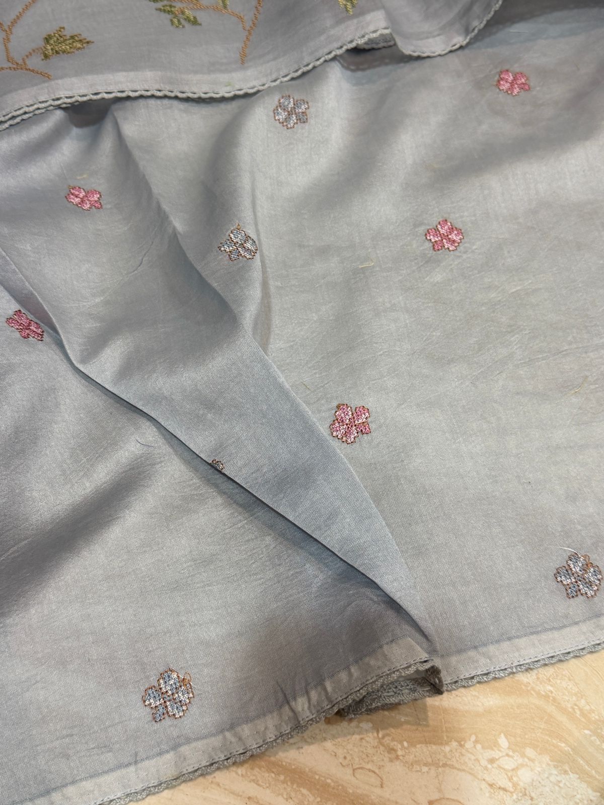 Organza Silk Saree with All-Over Cross Stitch Embroidery