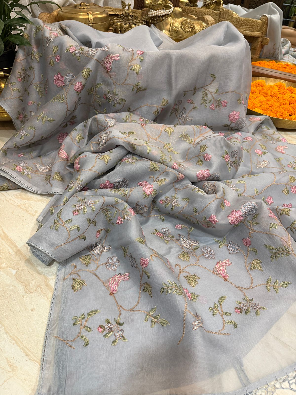 Organza Silk Saree with All-Over Cross Stitch Embroidery