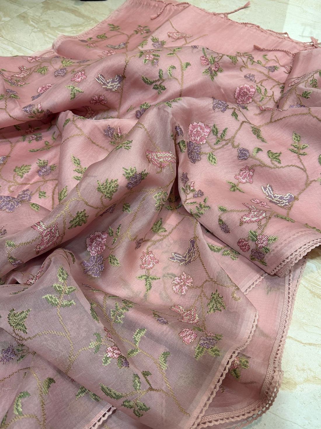 Organza Silk Saree with All-Over Cross Stitch Embroidery