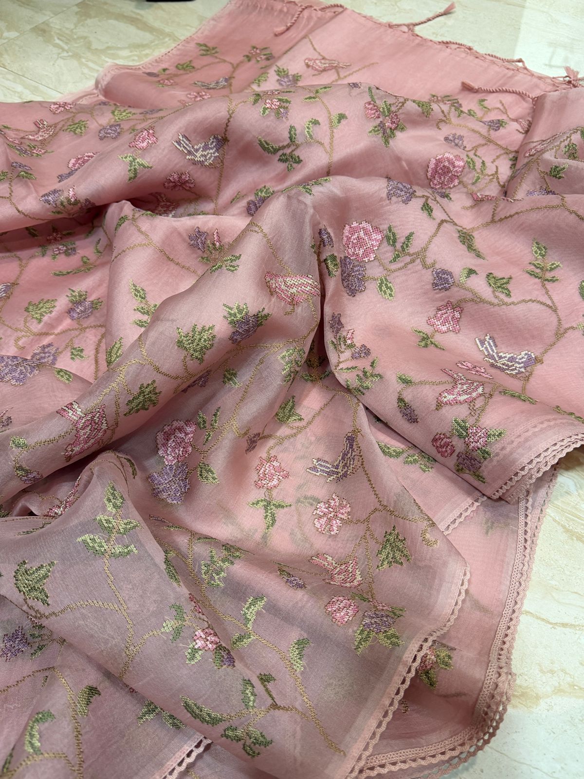 Organza Silk Saree with All-Over Cross Stitch Embroidery