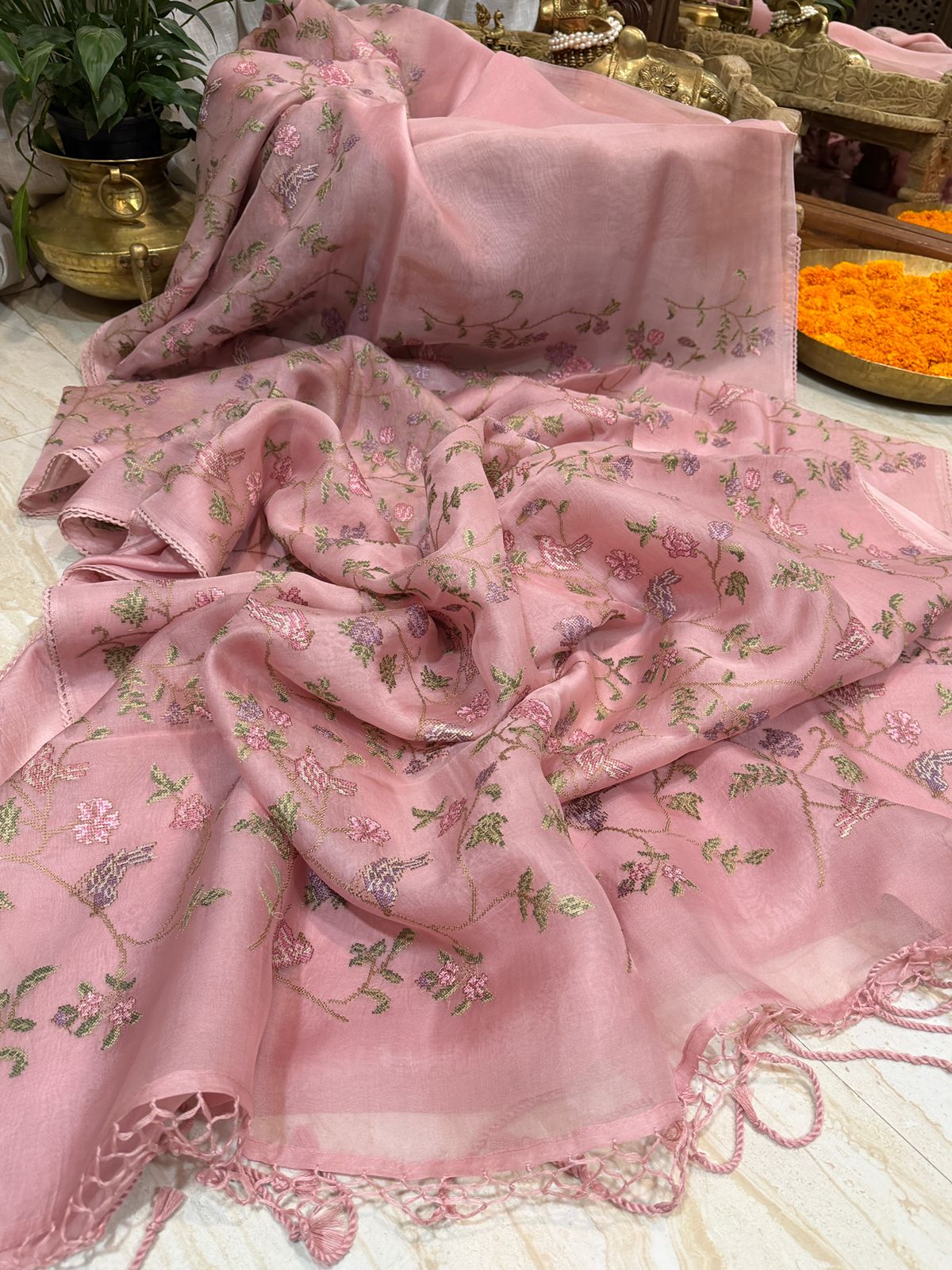 Organza Silk Saree with All-Over Cross Stitch Embroidery