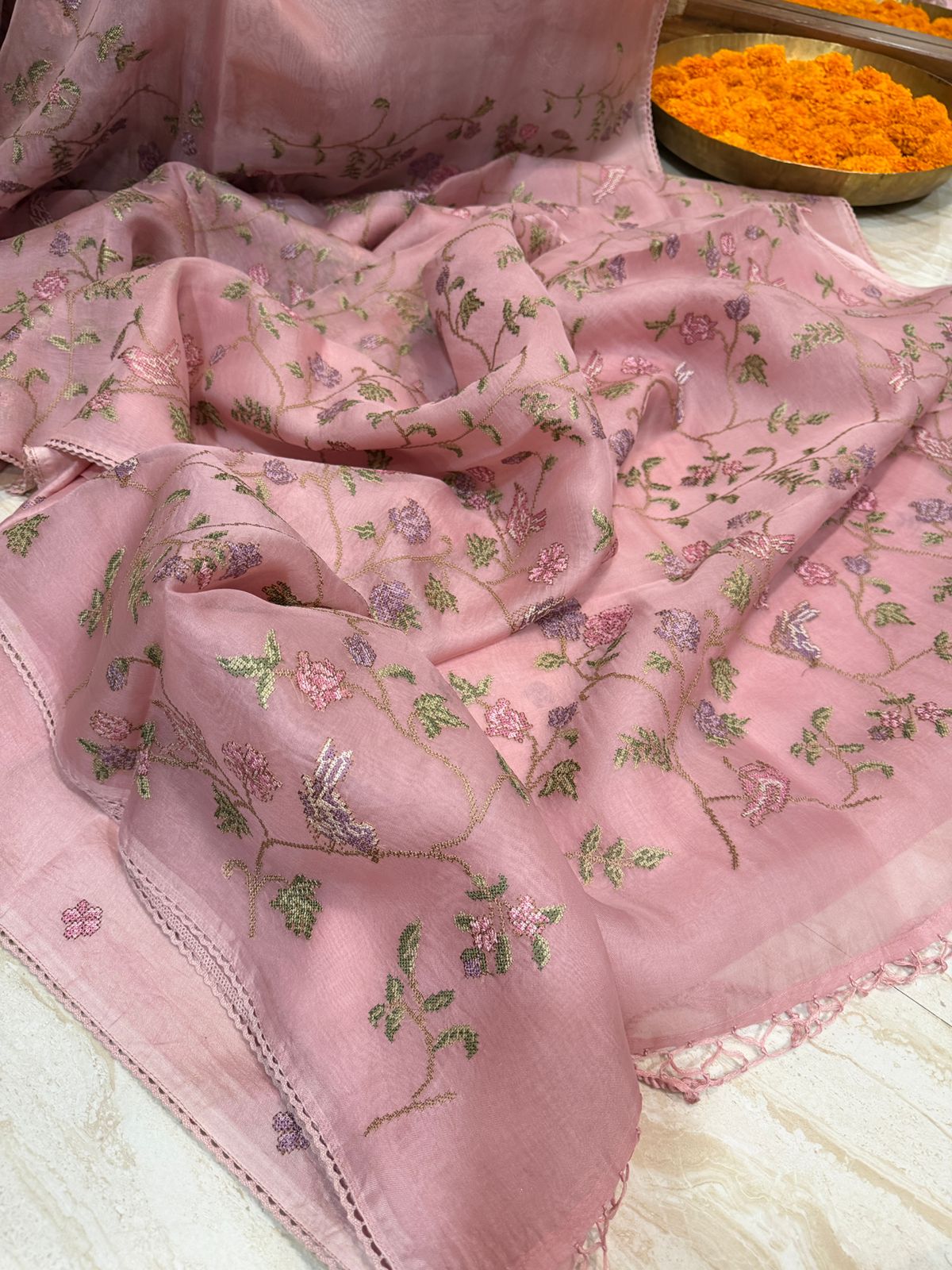 Organza Silk Saree with All-Over Cross Stitch Embroidery