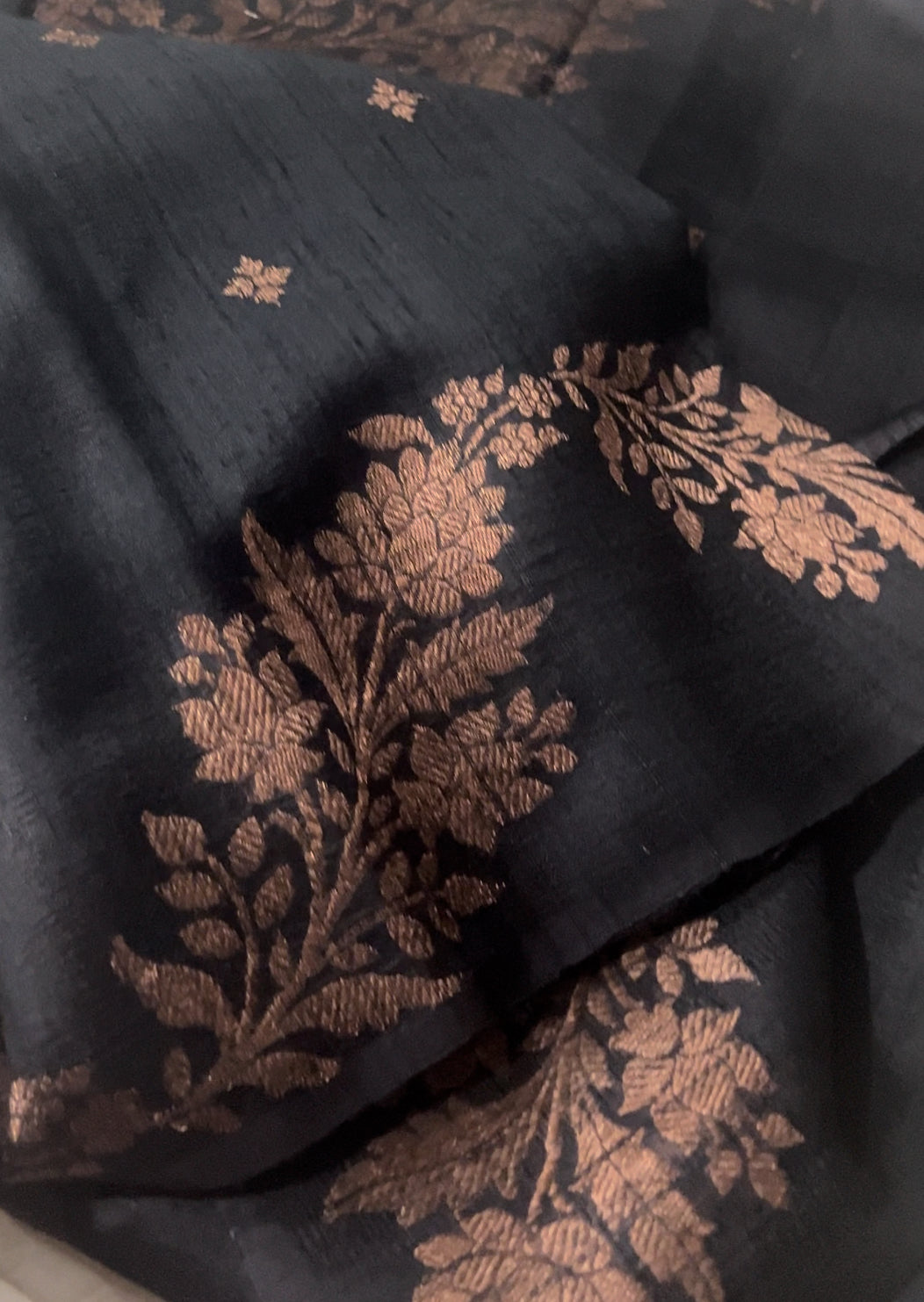 Beautiful Jet Black Dupion Raw Silk Banarasi Saree with Zari Weave All Over