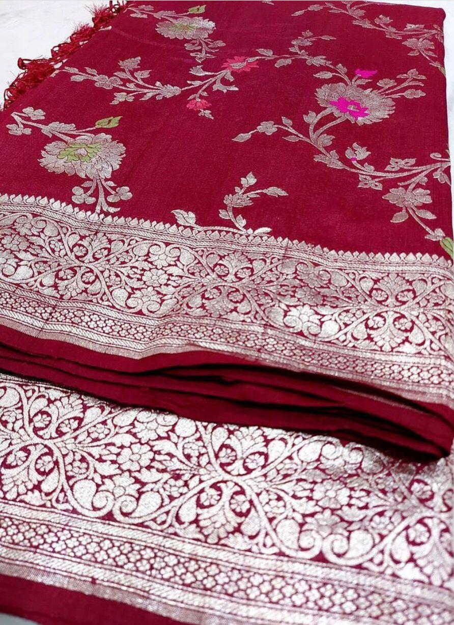 Pure Handloom Khaddi Tussar Georgette Meenakari Zari Work Sari