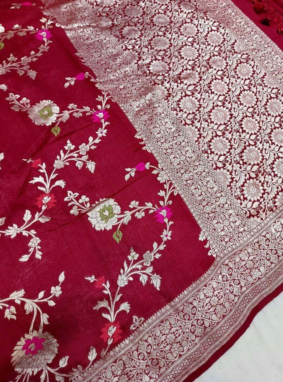 Pure Handloom Khaddi Tussar Georgette Meenakari Zari Work Sari