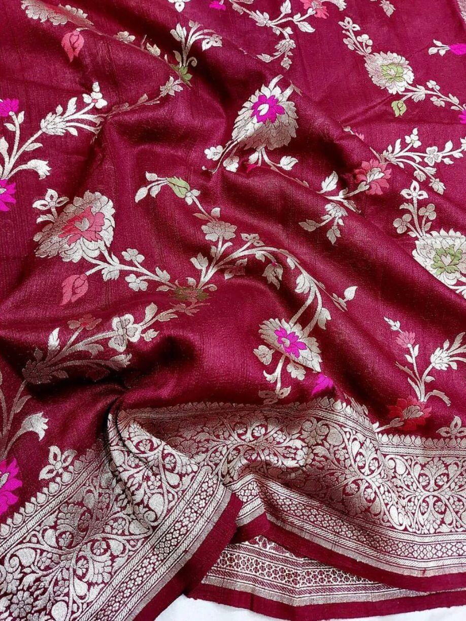 Pure Handloom Khaddi Tussar Georgette Meenakari Zari Work Sari