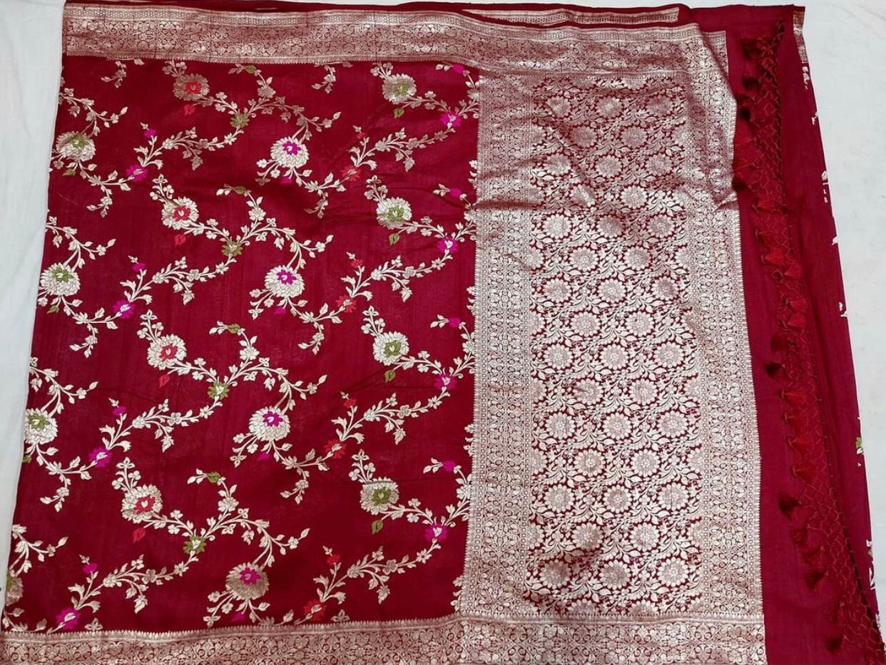 Pure Handloom Khaddi Tussar Georgette Meenakari Zari Work Sari