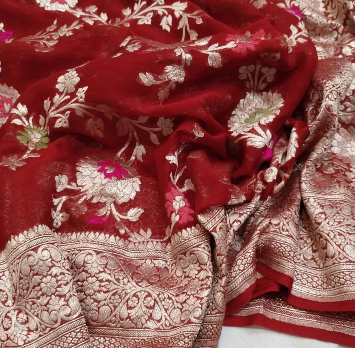 Pure Handloom Khaddi Georgette Meenakari Zari Work Saree