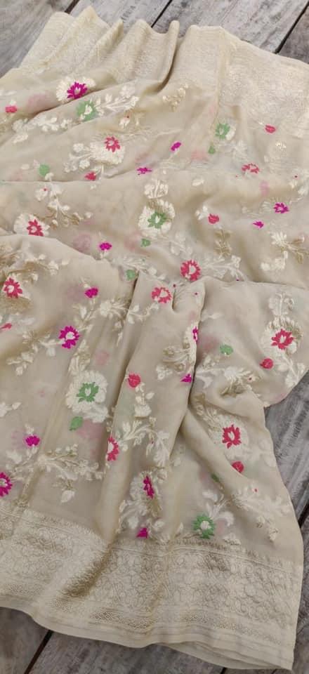 Pure Handloom Khaddi Georgette Banarasi Saree With Meenakari Zari Work
