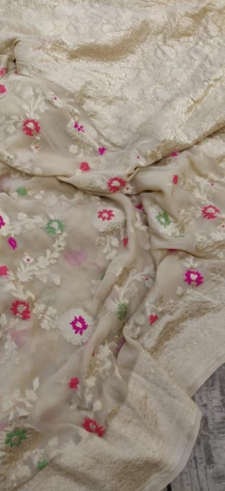 Pure Handloom Khaddi Georgette Banarasi Saree With Meenakari Zari Work