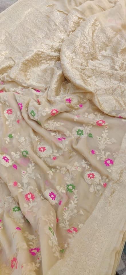 Pure Handloom Khaddi Georgette Banarasi Saree With Meenakari Zari Work