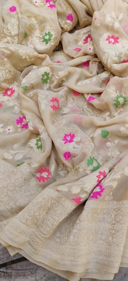 Pure Handloom Khaddi Georgette Banarasi Saree With Meenakari Zari Work