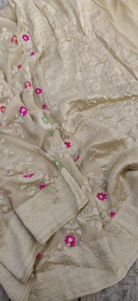 Pure Handloom Khaddi Georgette Banarasi Saree With Meenakari Zari Work